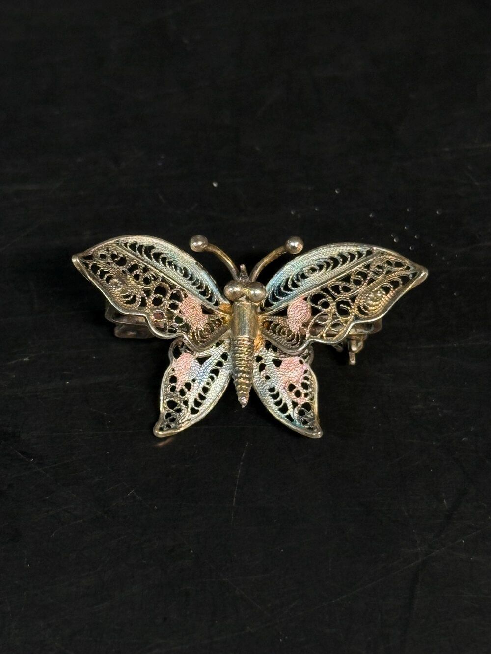 Vintage 800 Silver Multicolor Filigree Butterfly Brooch